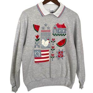 Vintage 90s Collared Sweatshirt M Gray Primitive Country Americana Print Flag